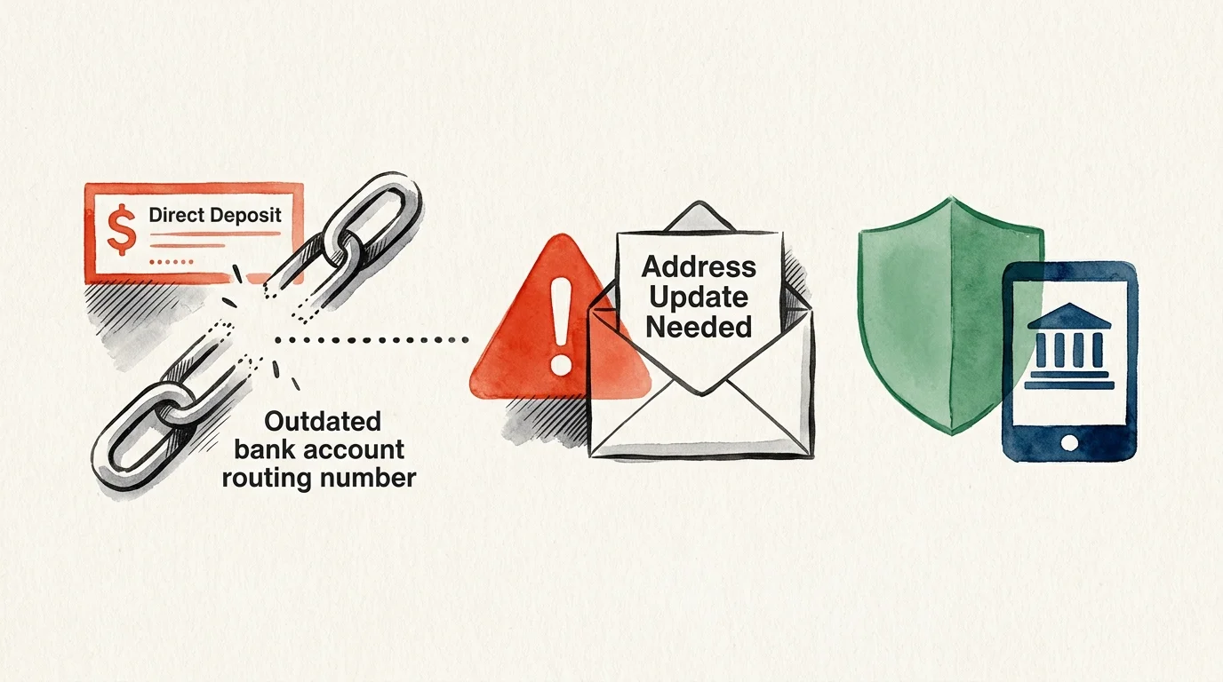 Watercolor icons of a broken chain by a direct deposit slip, an address update envelope, and a secured mobile banking app.