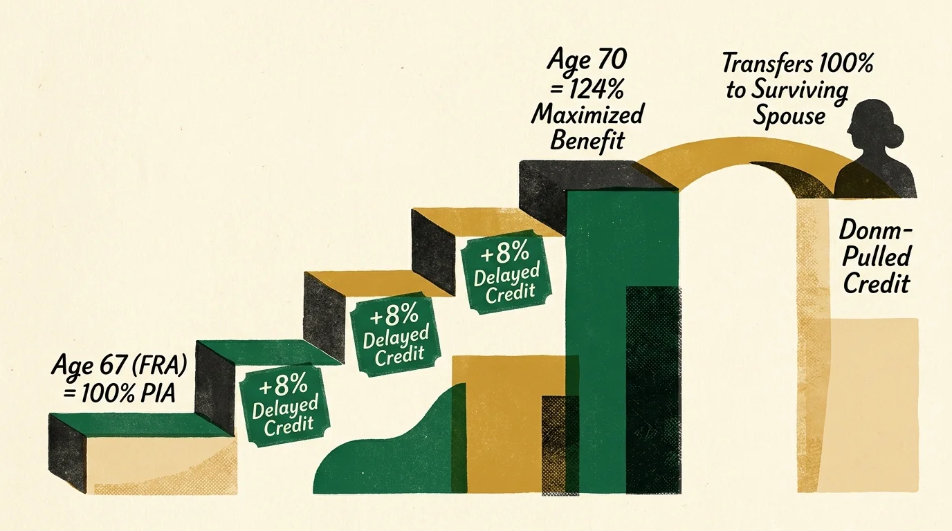 Staircase diagram showing 8% delayed credit steps from age 67 to 70 bridging over to a surviving spouse silhouette.
