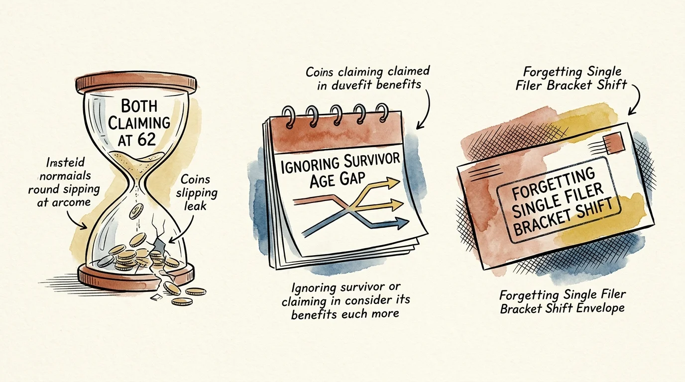 Three illustrations: a broken hourglass leaking coins, a spiral calendar, and an envelope, all with text labels.