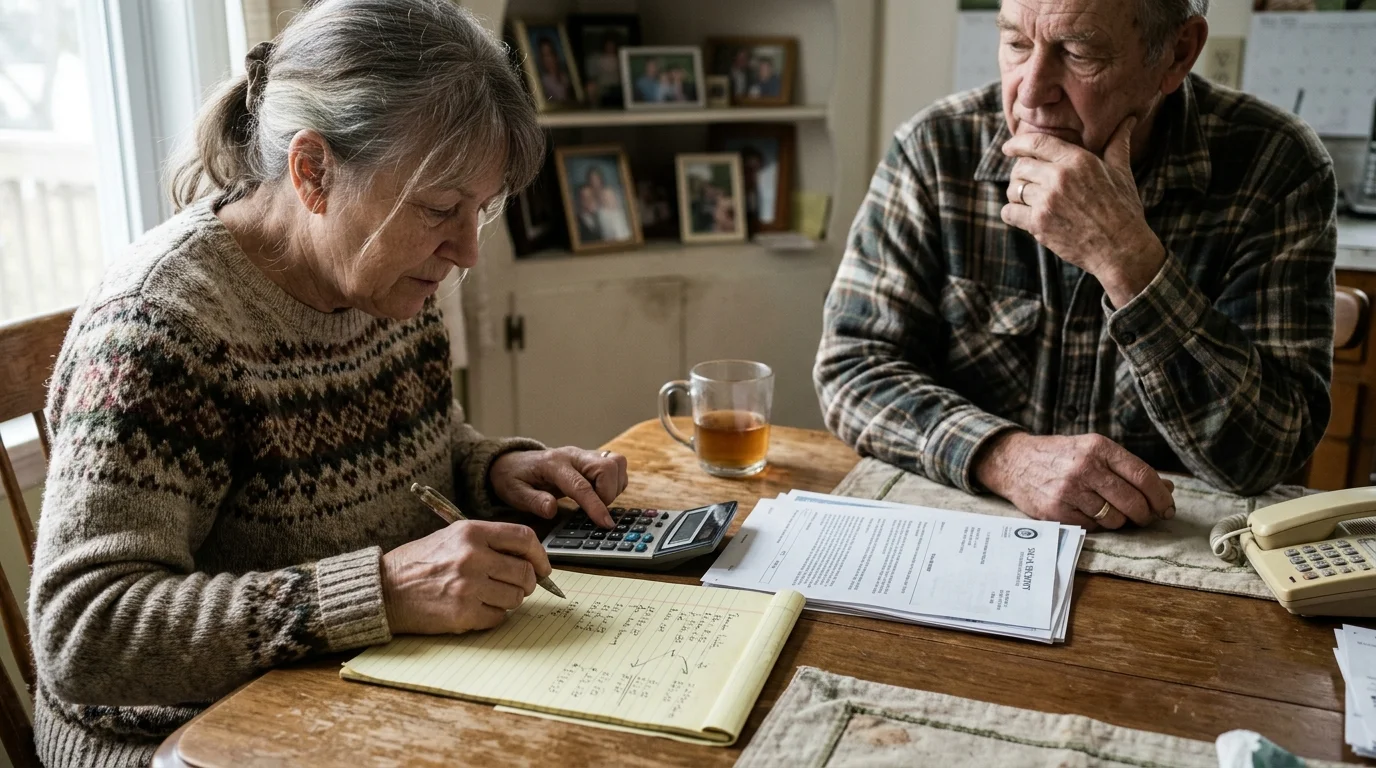 An older couple sits at a wooden table reviewing financial paperwork, taking notes on a yellow pad with a calculator.