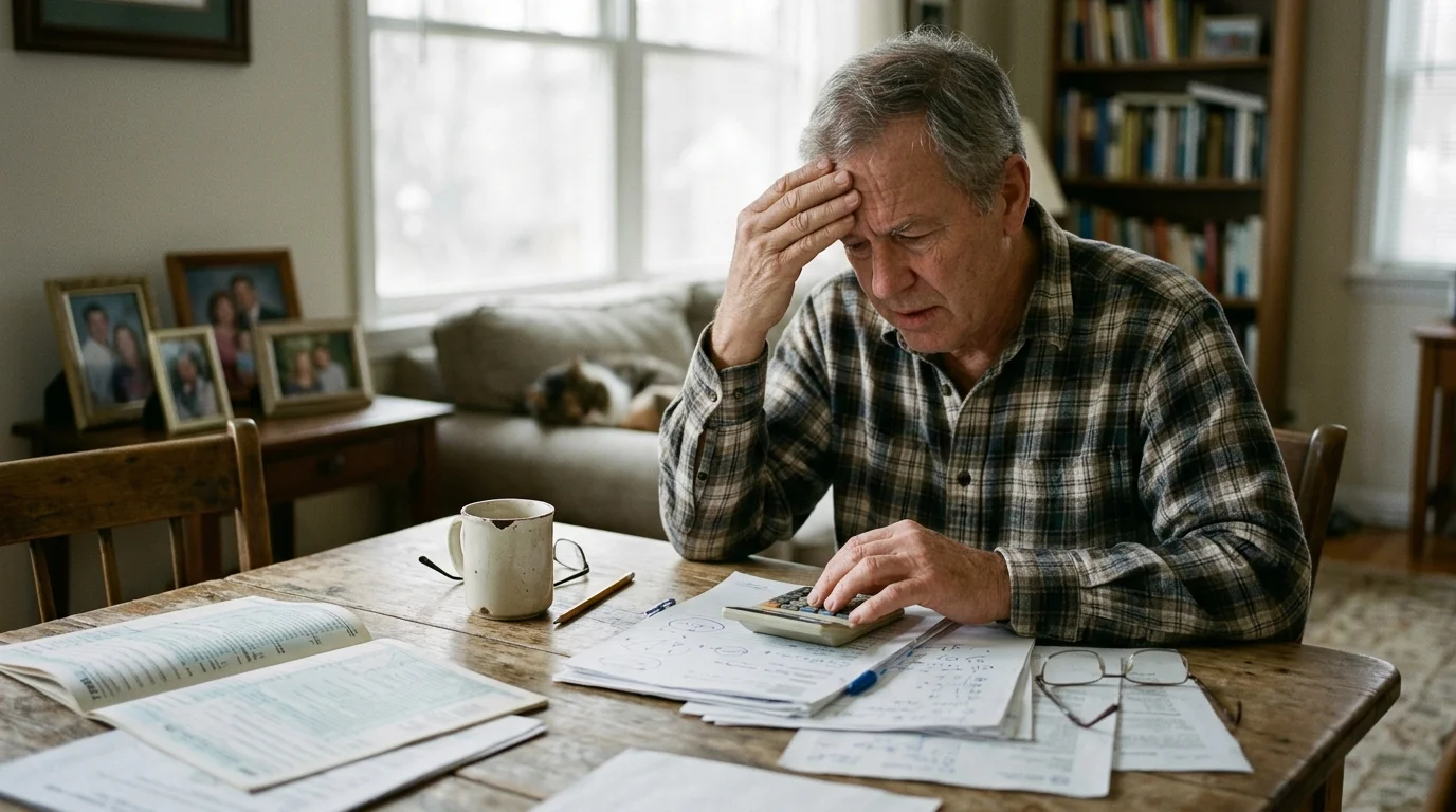 A stressed older man sits at a wooden dining table reviewing paperwork and using a calculator with his hand on his head.