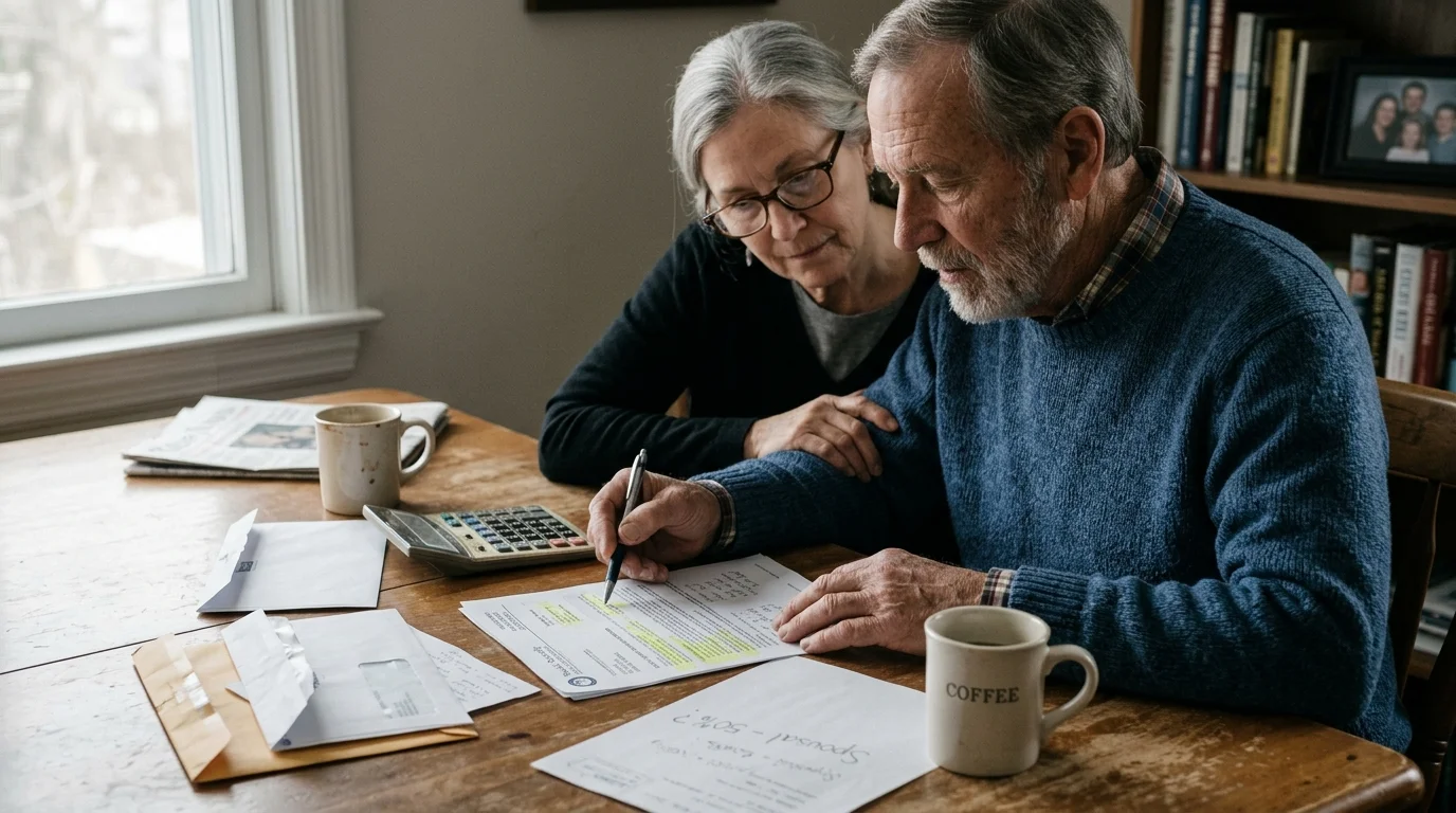 Senior couple sitting at a wooden table reviewing paperwork, envelopes, and a calculator together.
