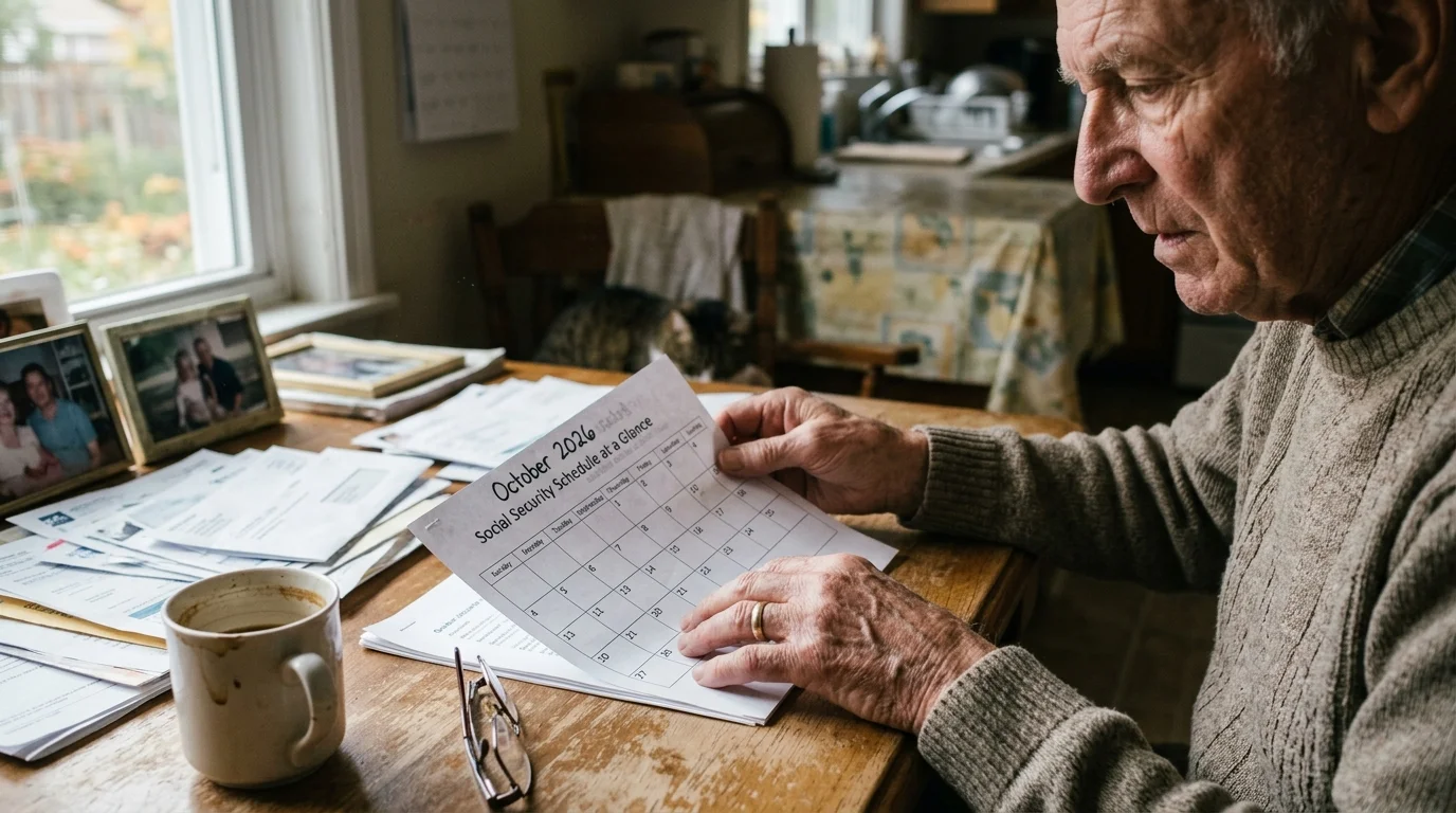 Senior man sitting at a wooden dining table holding a printed calendar next to paperwork and a coffee mug.