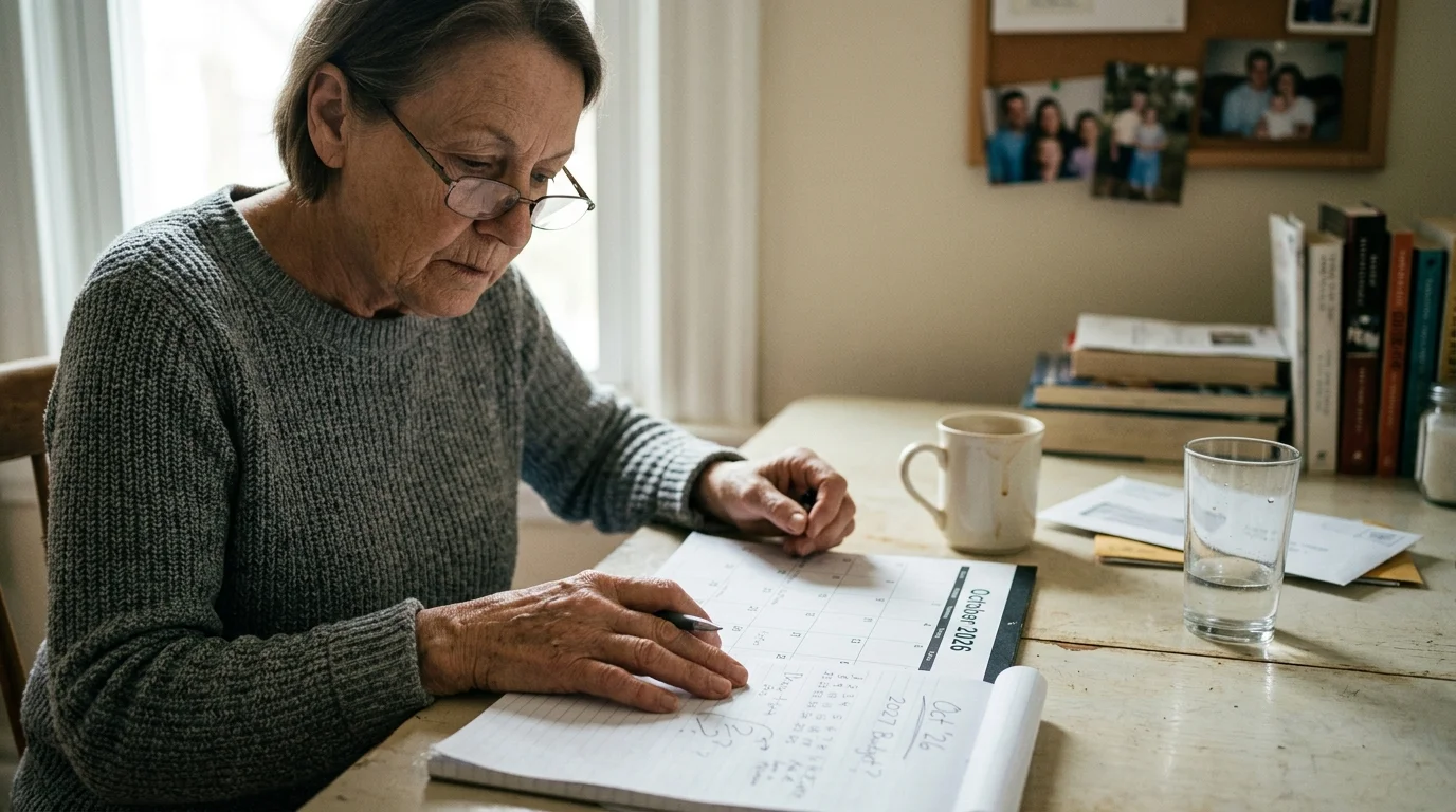 An older woman wearing eyeglasses reviews an October 2026 calendar and takes notes at a desk with a coffee mug.