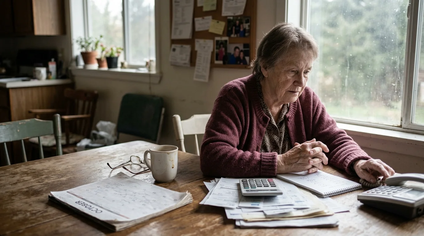 An elderly woman sits at a wooden table with paperwork, a calendar, a calculator, and a landline phone.