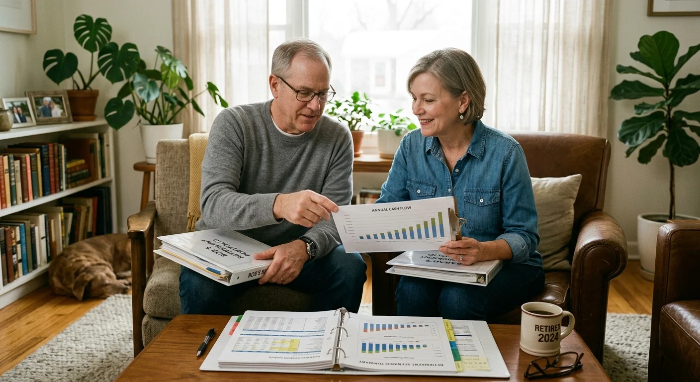 Mature couple sitting in a living room reviewing printed financial charts and retirement planning binders together.