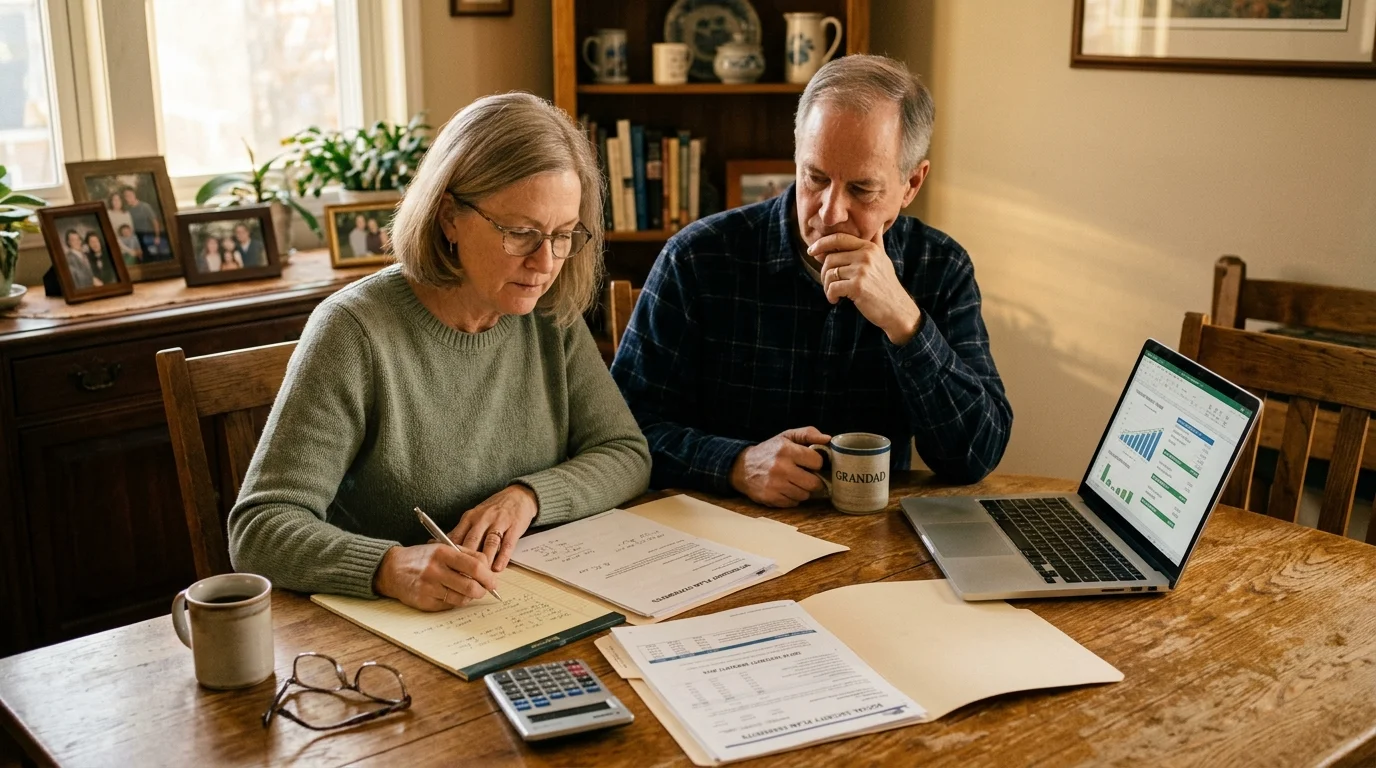 Older couple sitting at a wooden table reviewing financial paperwork, a calculator, and a laptop displaying spreadsheets.