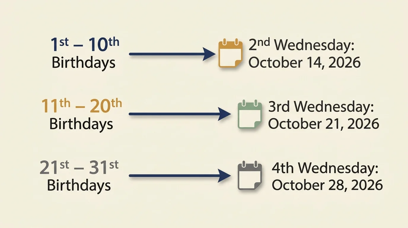 Diagram linking birth date ranges to October 2026 Social Security deposit dates across three Wednesdays.