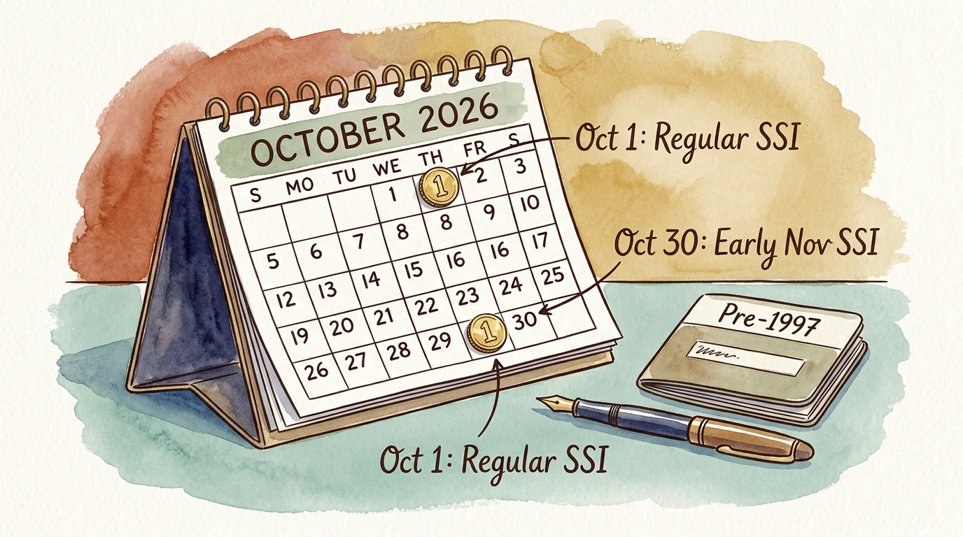 Watercolor illustration of an October 2026 desk calendar with marked SSI dates, a pen, and a Pre-1997 booklet.