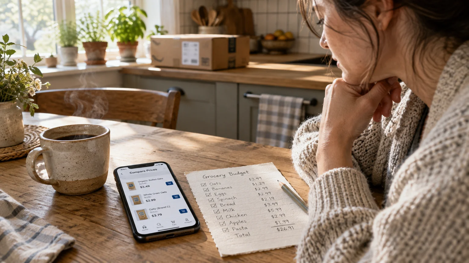A woman compares online grocery prices on her smartphone next to a handwritten shopping budget list on a table.