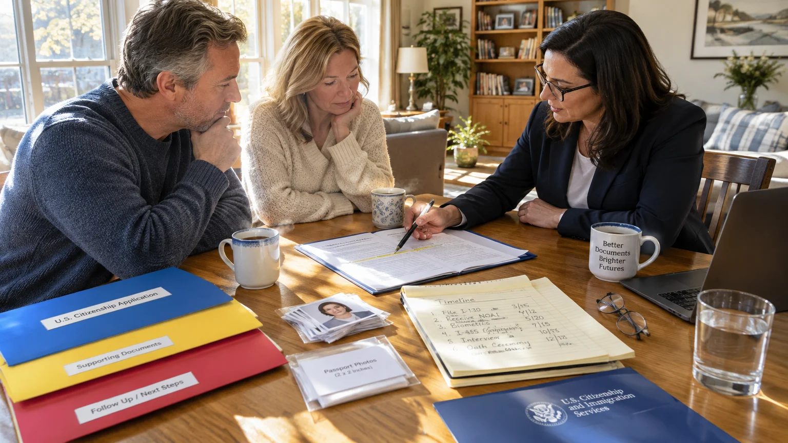 A couple sits at a wooden table consulting an attorney over immigration documents, folders, and passport photos.