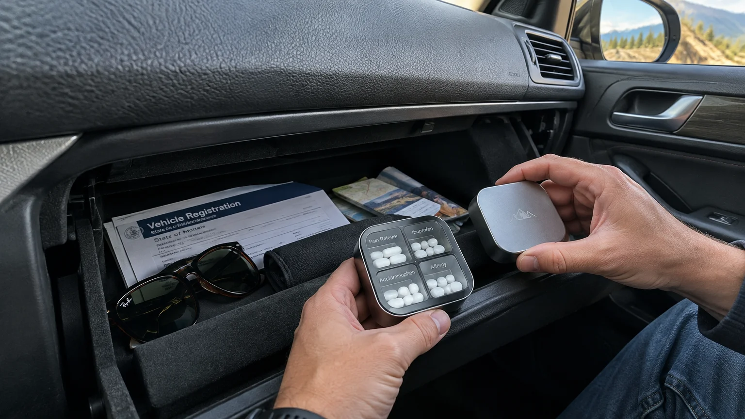 Hands opening a four-compartment metal pill box above an open car glove box holding sunglasses and documents.