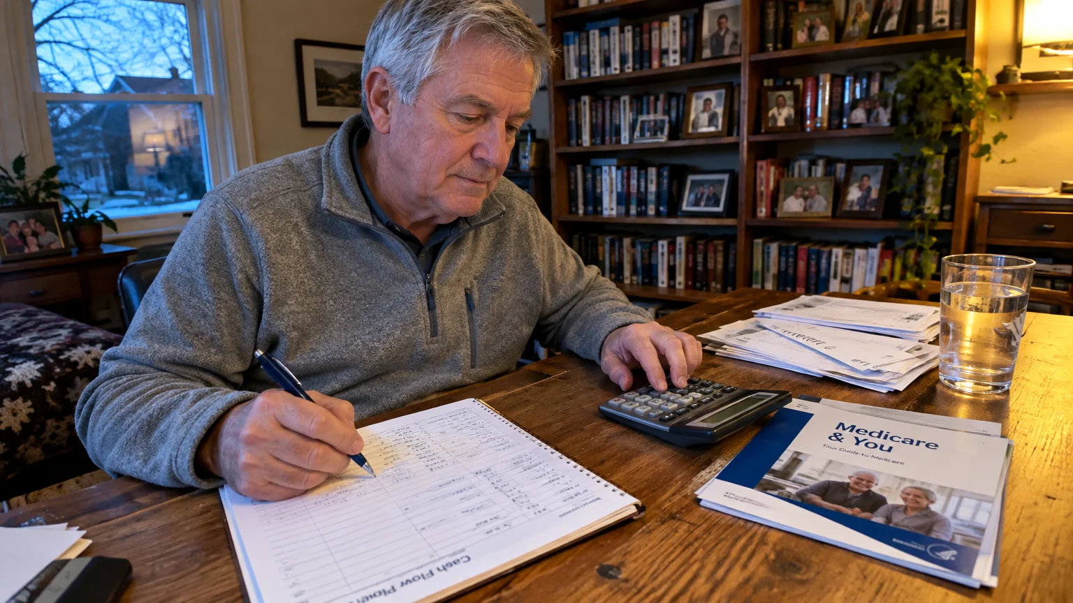 An older man sits at a wooden desk with a calculator, writing in a ledger next to a Medicare booklet.
