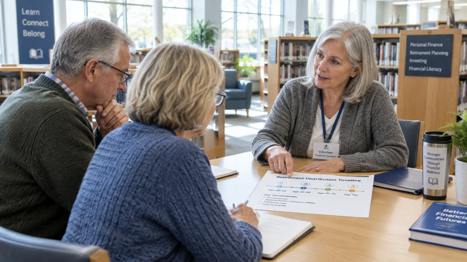 A counselor reviews a retirement distribution timeline document with a senior couple sitting at a table in a library.