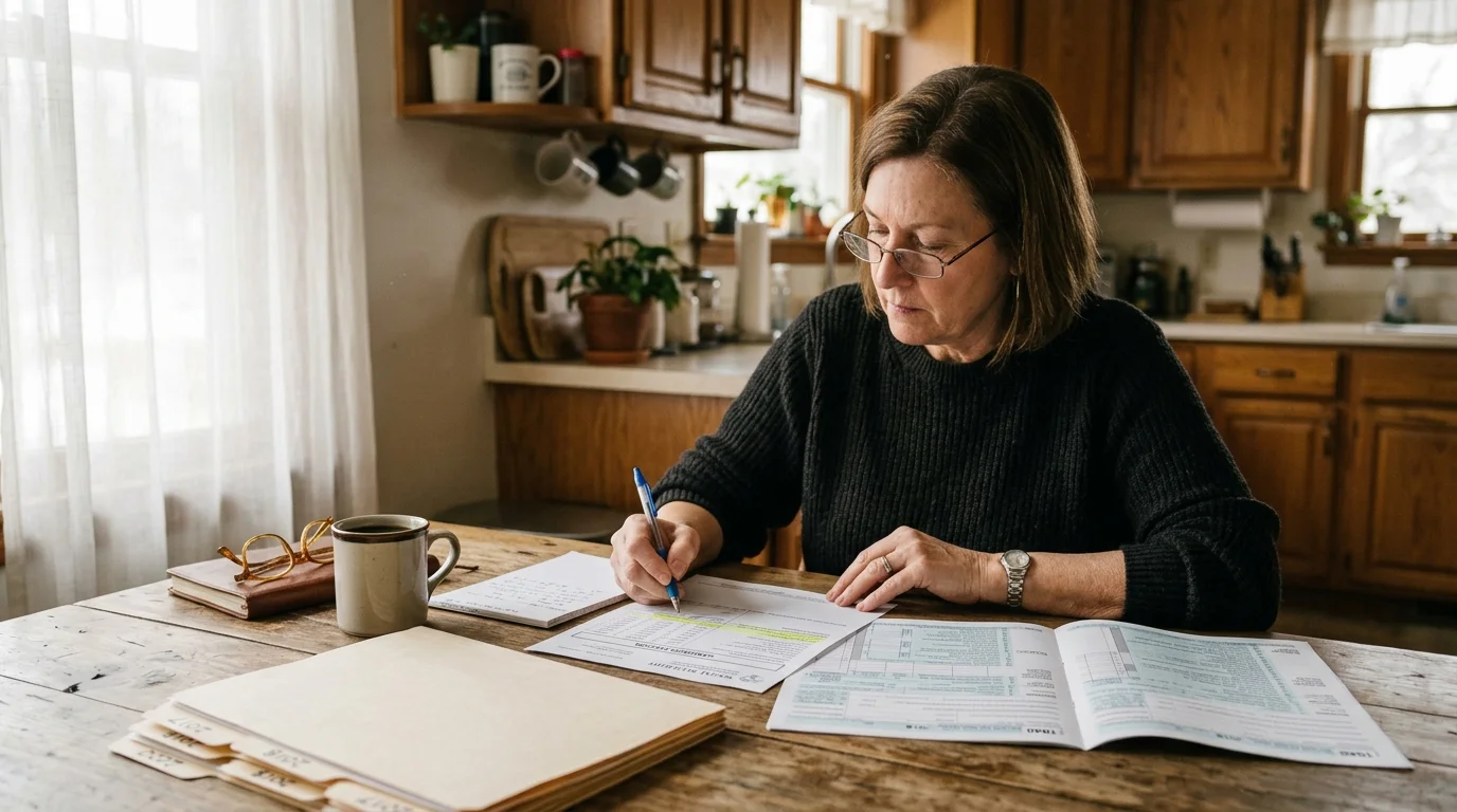 Woman wearing glasses sits at a rustic wooden table reviewing tax forms and documents with a pen in a home kitchen.