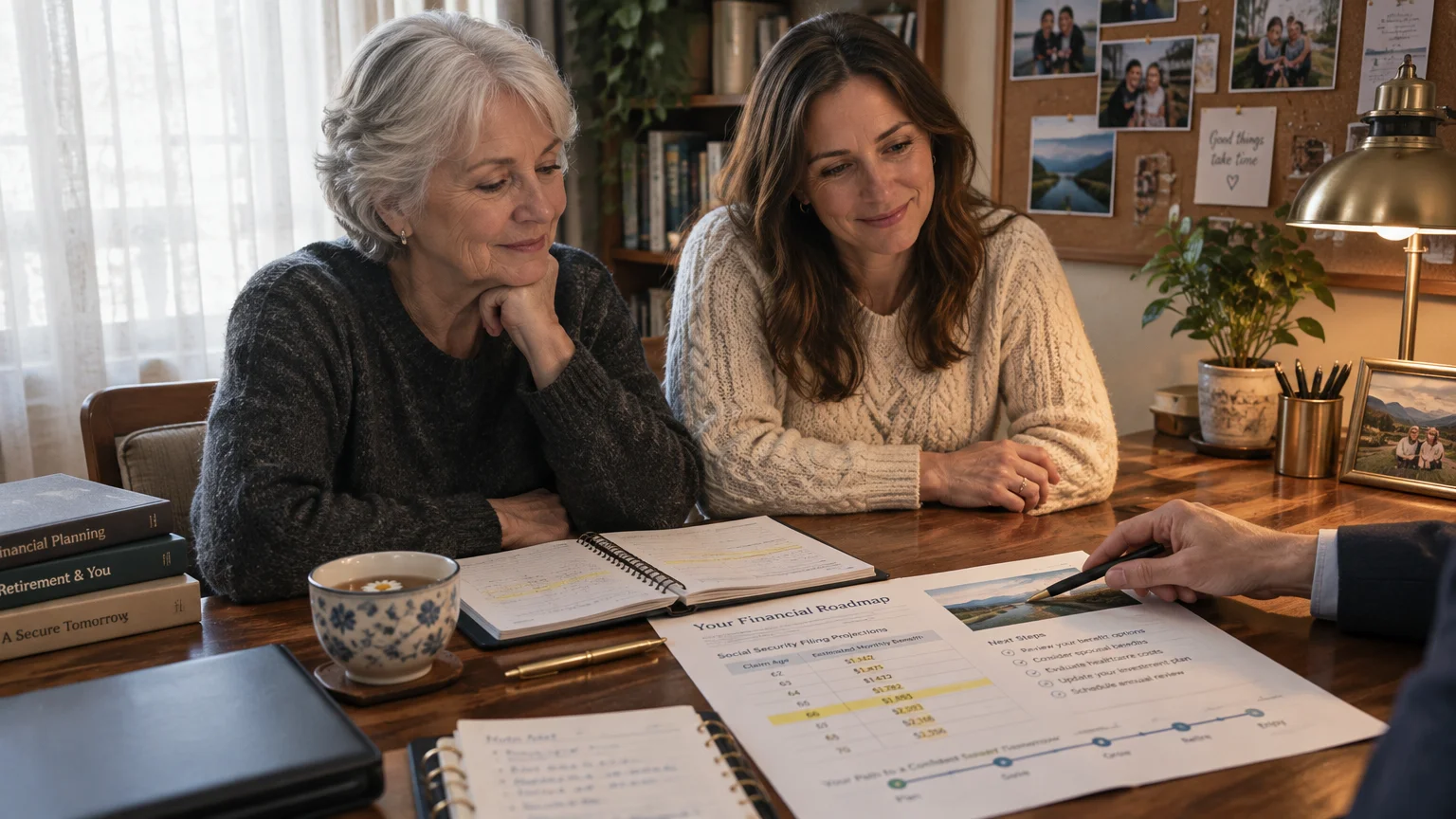 Two women sit at a wooden desk reviewing a financial roadmap document with an advisor pointing a pen.