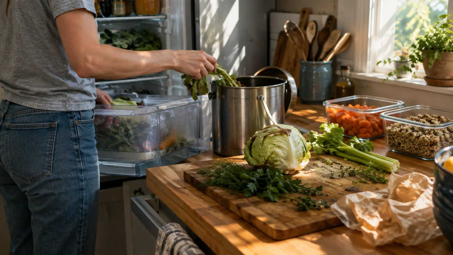 A person putting leafy greens into a metal countertop compost bin near chopped vegetables and an open refrigerator.