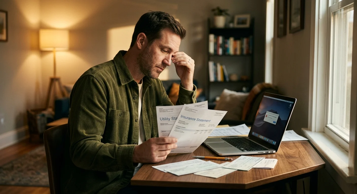 A stressed man reviews paper bills and insurance statements while seated at a desk with a laptop.