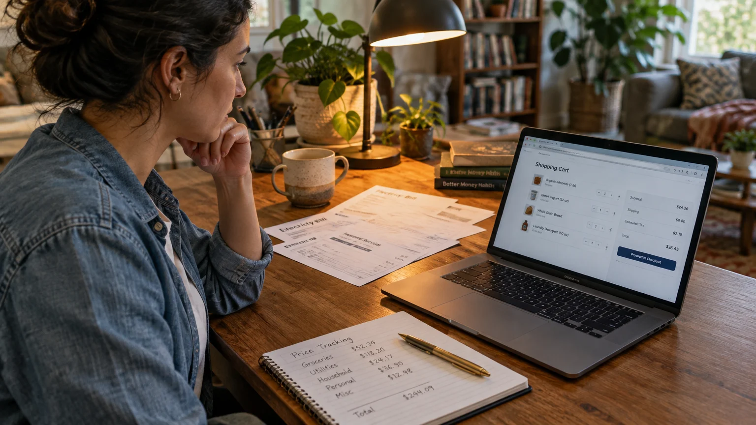 Woman sitting at a desk with bills and a notebook, looking at an online shopping cart on a laptop screen.