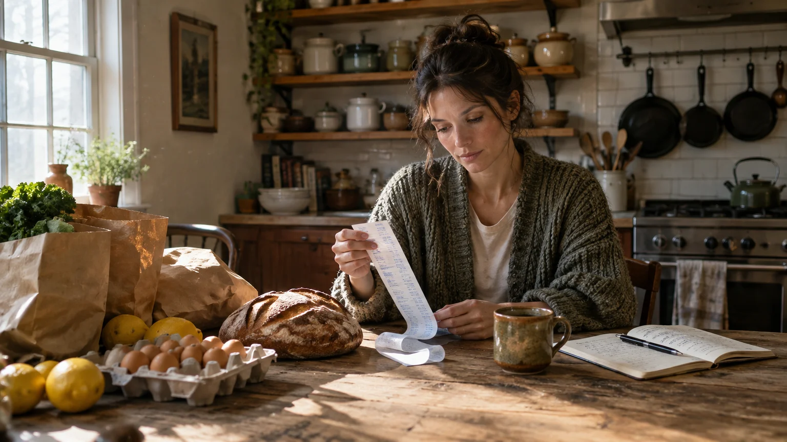 A woman sits at a rustic kitchen table reviewing a long receipt next to groceries, bread, eggs, and a notebook.