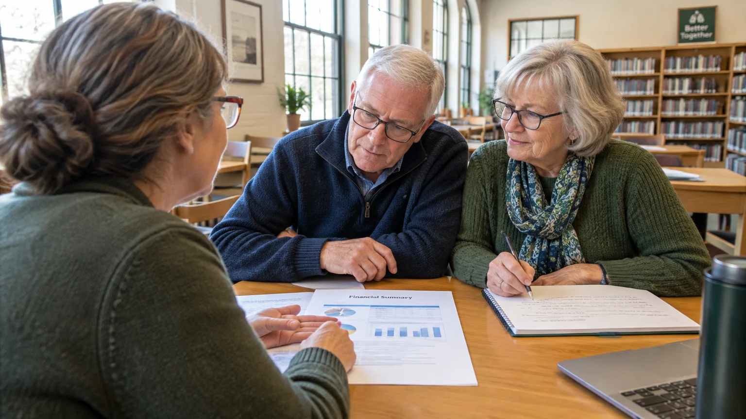A senior couple sits at a wooden table in a library reviewing financial documents with an advisor.