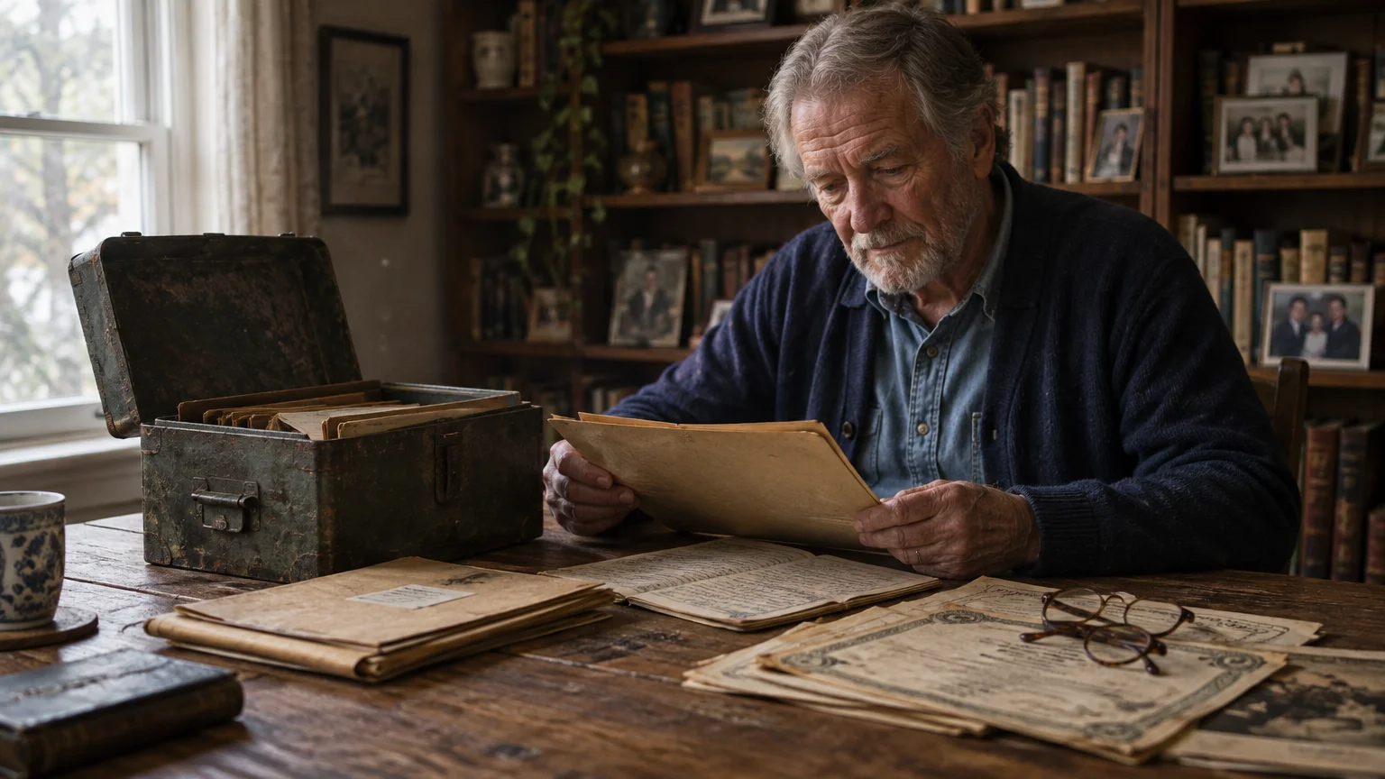 A senior man sits at a wooden desk reading old papers from an open metal box near bookshelves.