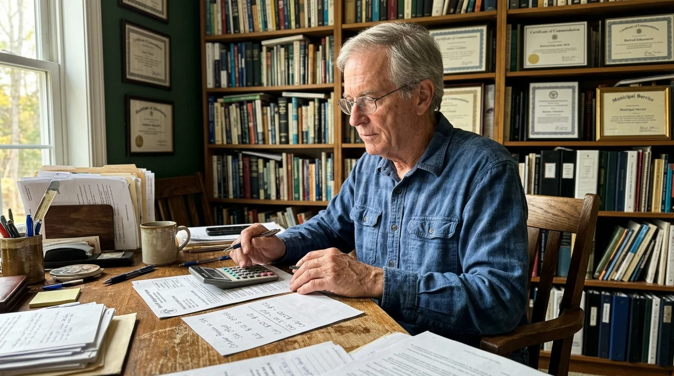 An older man with glasses sits at a home office desk, using a calculator over papers in front of full bookshelves.