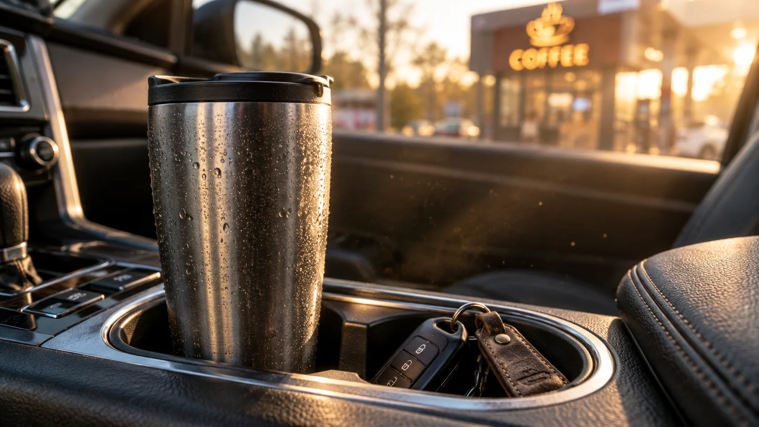 Stainless steel travel mug and car keys sitting in a vehicle cupholder, with a coffee shop visible outside the window.
