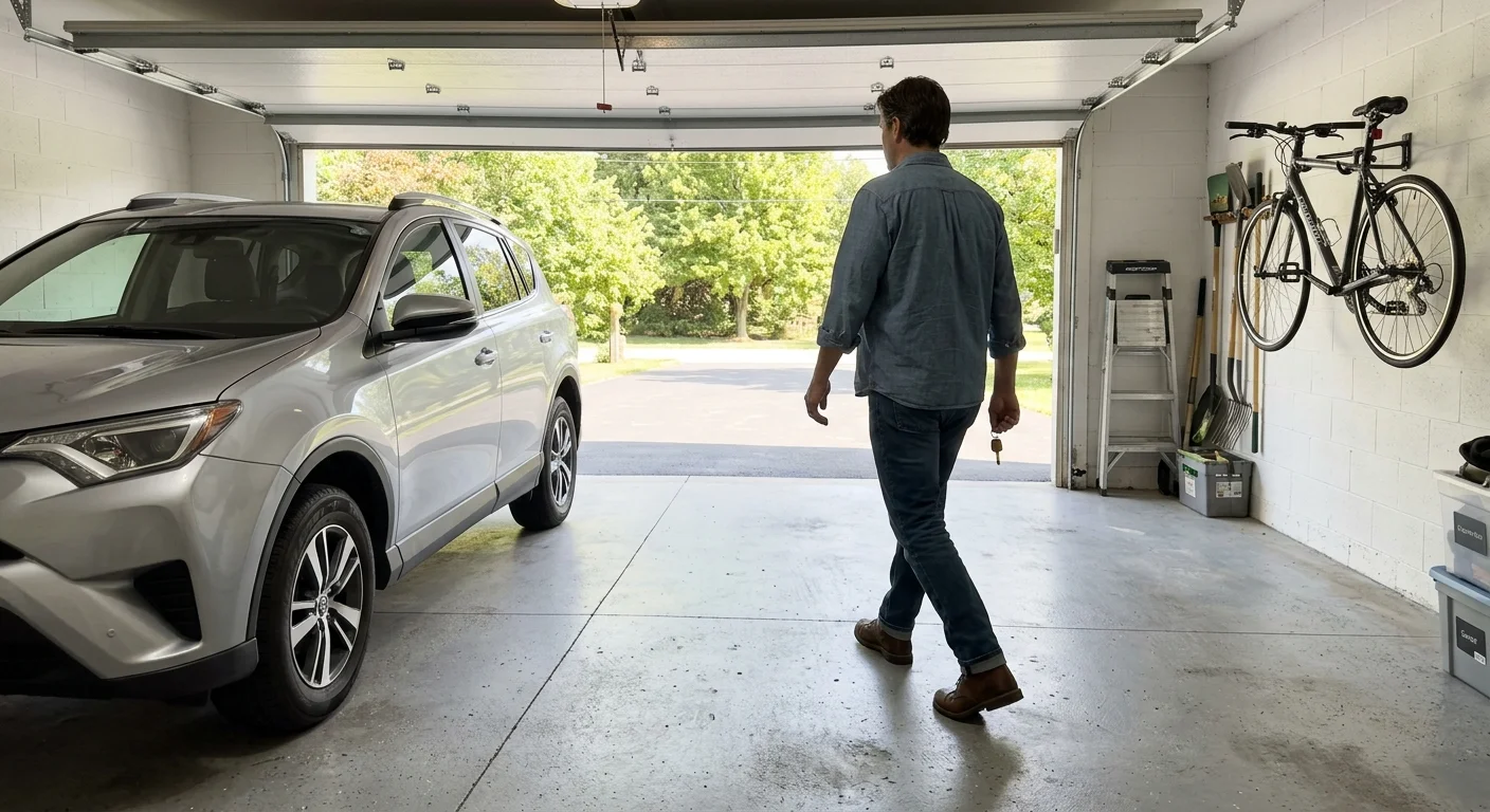 A man carrying keys walks out of an open garage past a silver SUV parked next to an empty space.
