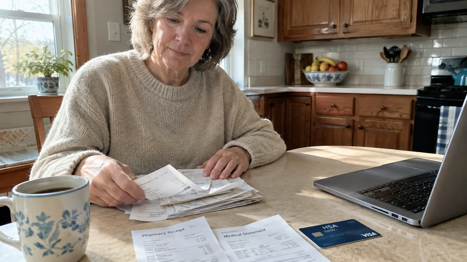 Mature woman at a kitchen table sorting medical receipts next to a laptop, coffee mug, and an HSA debit card.