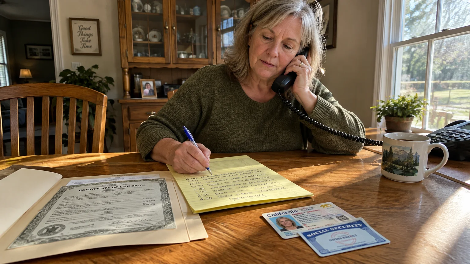 Woman on a landline phone taking notes at a table with a birth certificate, driver's license, and Social Security card.