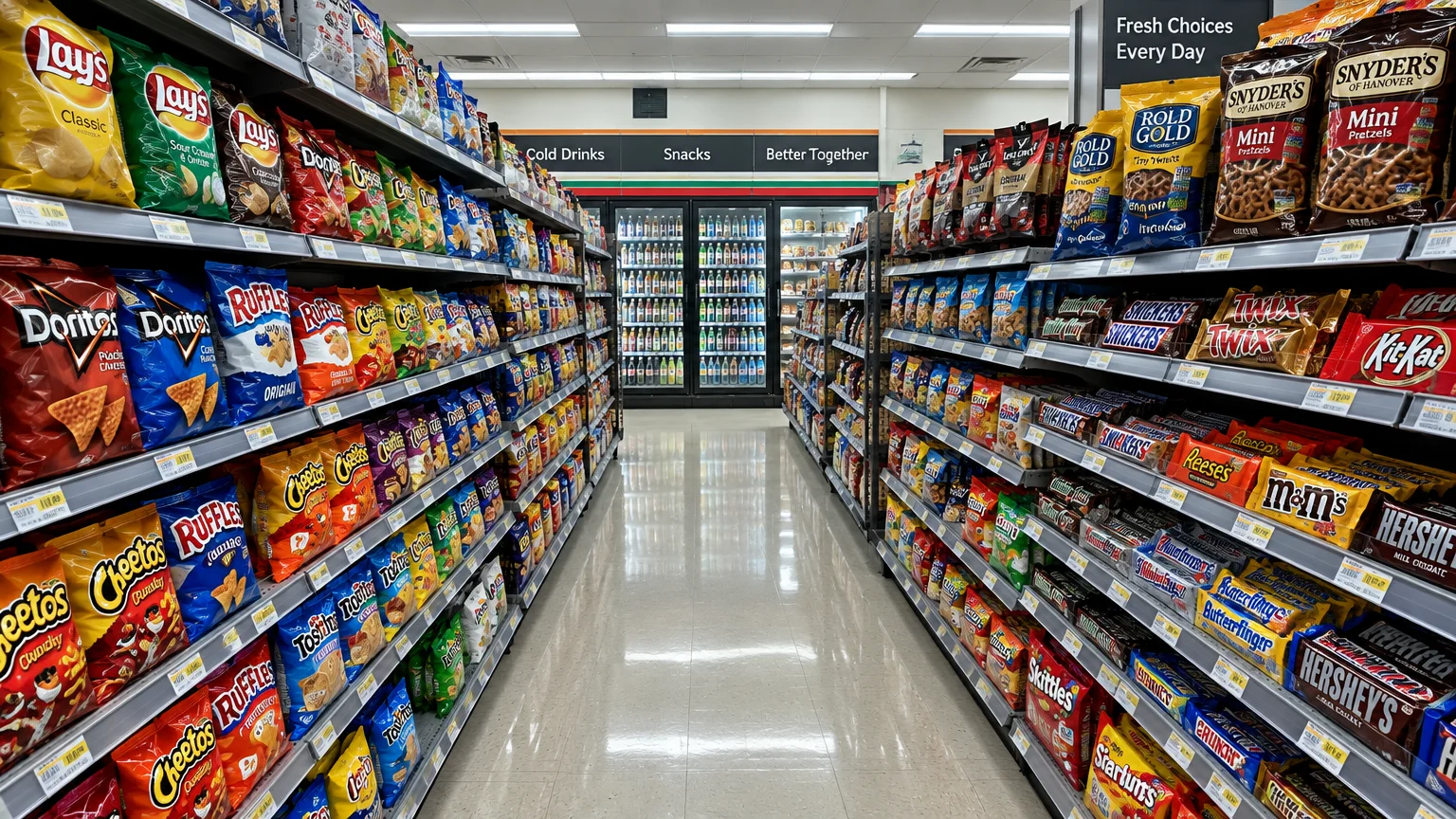 Convenience store aisle stocked with bags of chips on the left and candy bars and pretzels on the right.