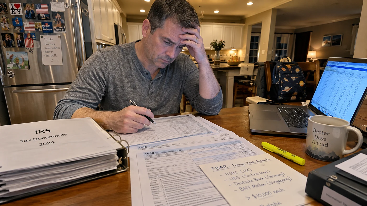 A stressed man sits at a kitchen table with his head in his hand, surrounded by IRS tax documents, a laptop, and notes.