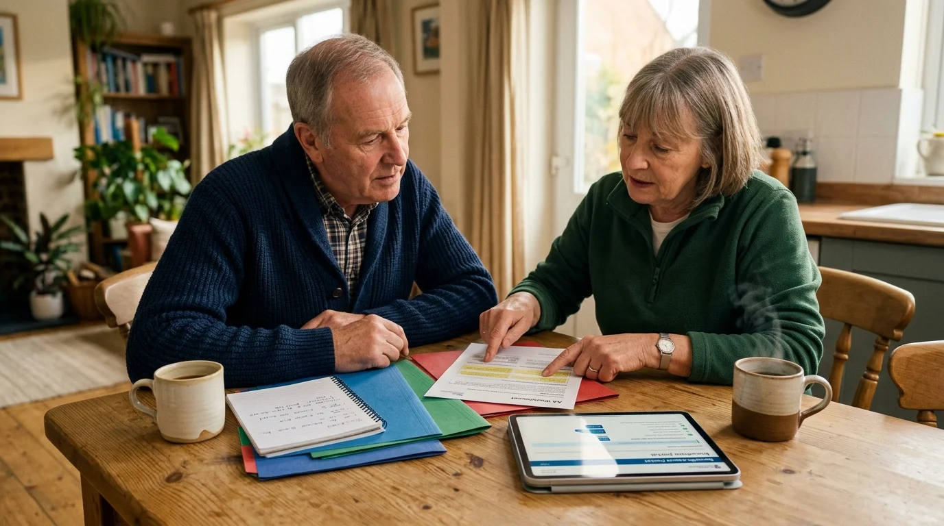An older couple sits at a wooden table reviewing paperwork, notes, and a digital tablet together.