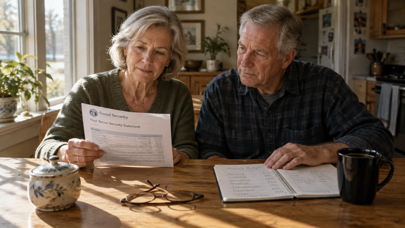 An older couple reviews a Social Security statement at a wooden kitchen table beside a handwritten monthly budget notebook.