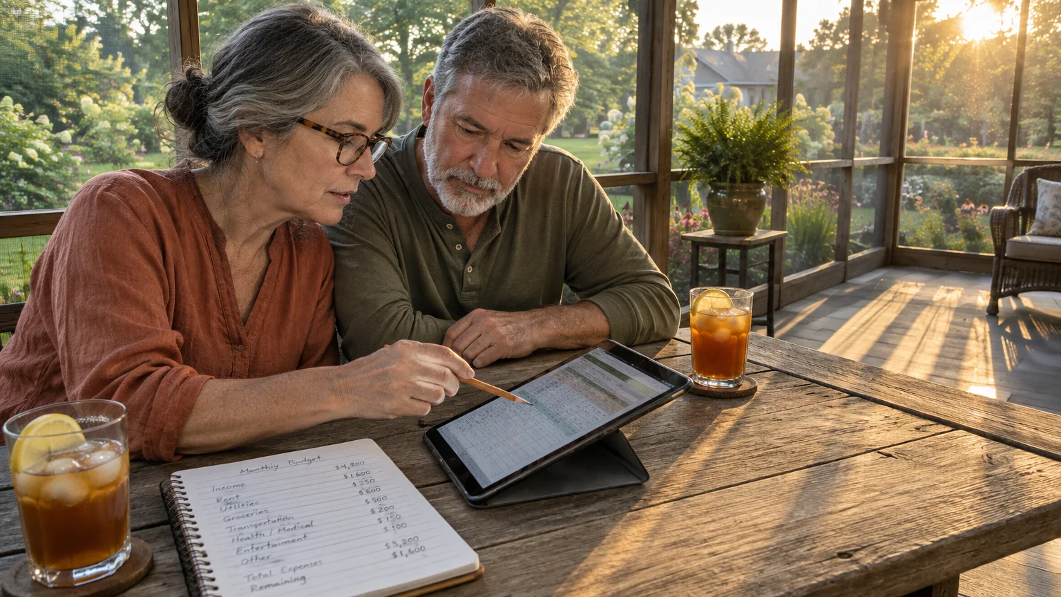 A mature couple reviews a handwritten budget and a digital spreadsheet on a tablet at a rustic porch table.