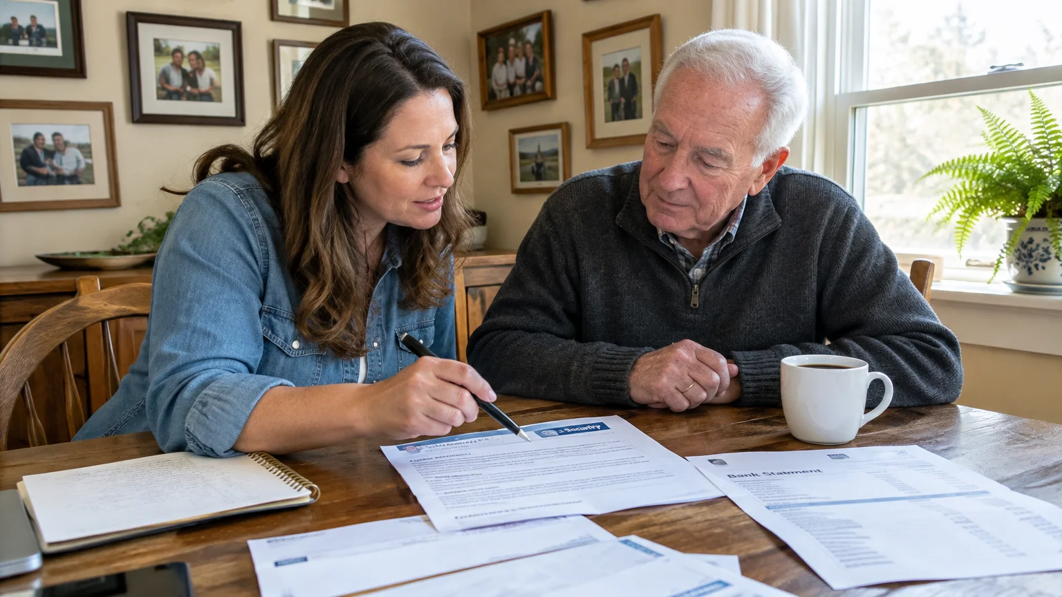 A woman and an older man sit at a dining table reviewing paperwork and bank statements together.