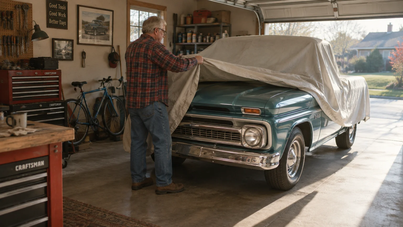 A man in a flannel shirt pulls a canvas cover off a vintage teal pickup truck inside a garage.