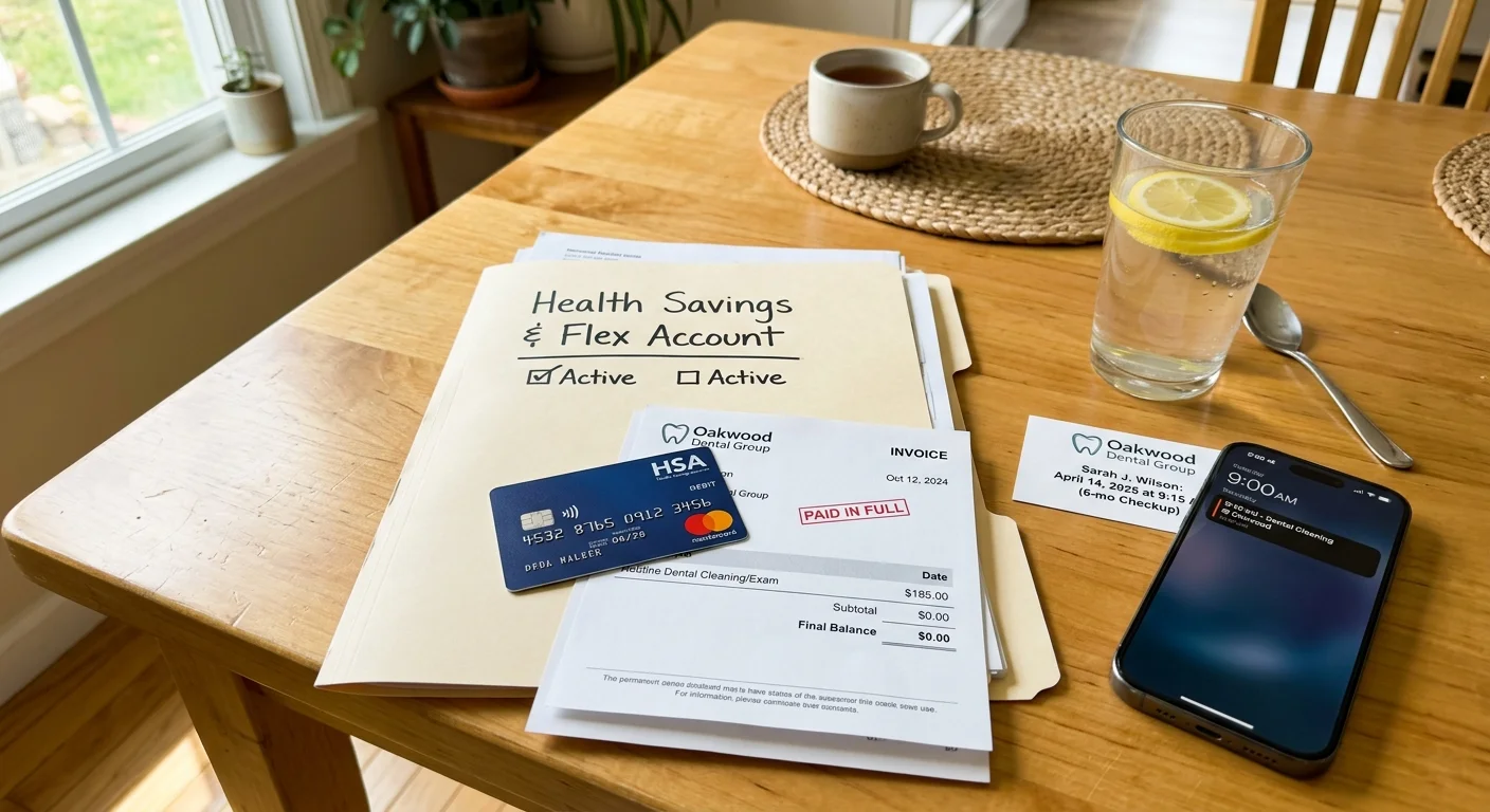 HSA debit card, health savings folder, and paid dental bill arranged on a wooden table beside a smartphone and lemon water.