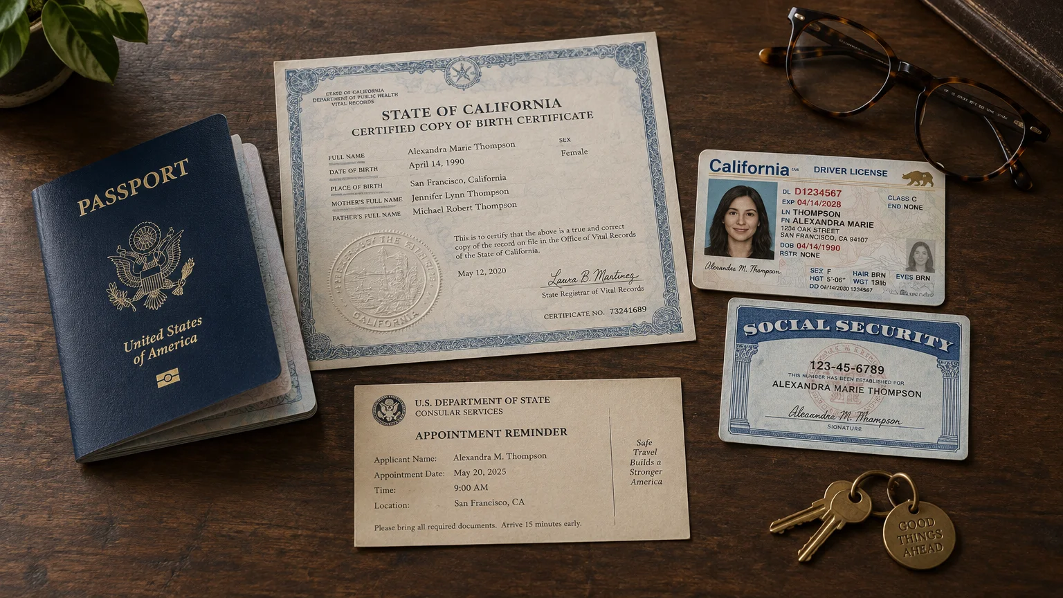 US passport, California birth certificate, driver's license, Social Security card, glasses, and keys on a wooden table.