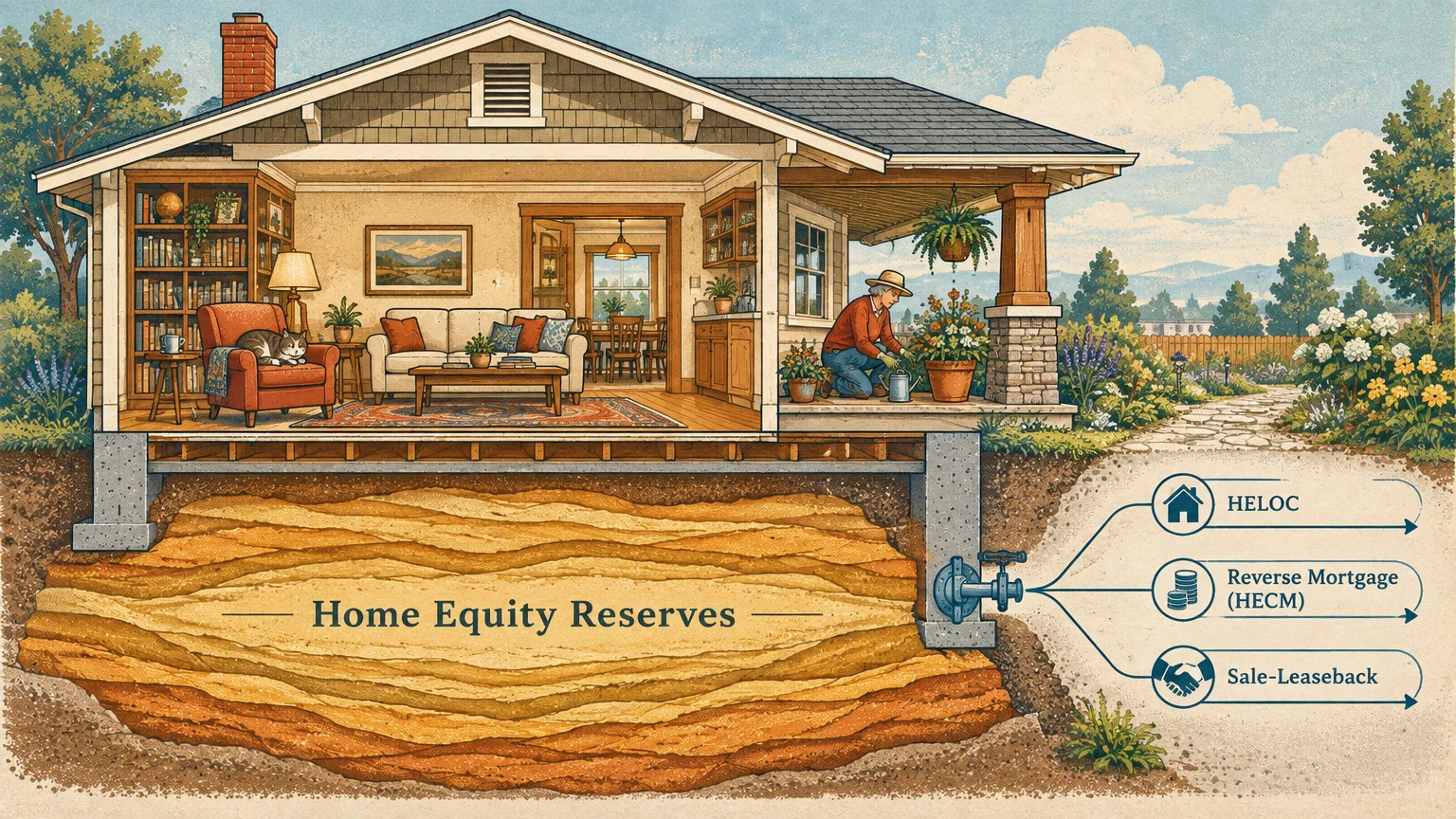 Cutaway illustration of a house over underground home equity reserves branching into HELOC, reverse mortgage, and leaseback.