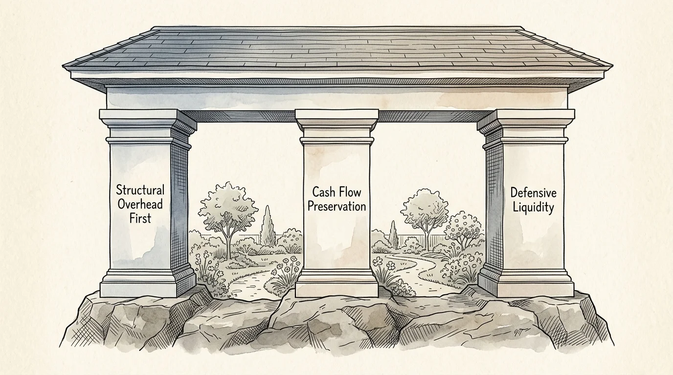 Three stone pillars on a rocky base labeled Structural Overhead First, Cash Flow Preservation, and Defensive Liquidity.