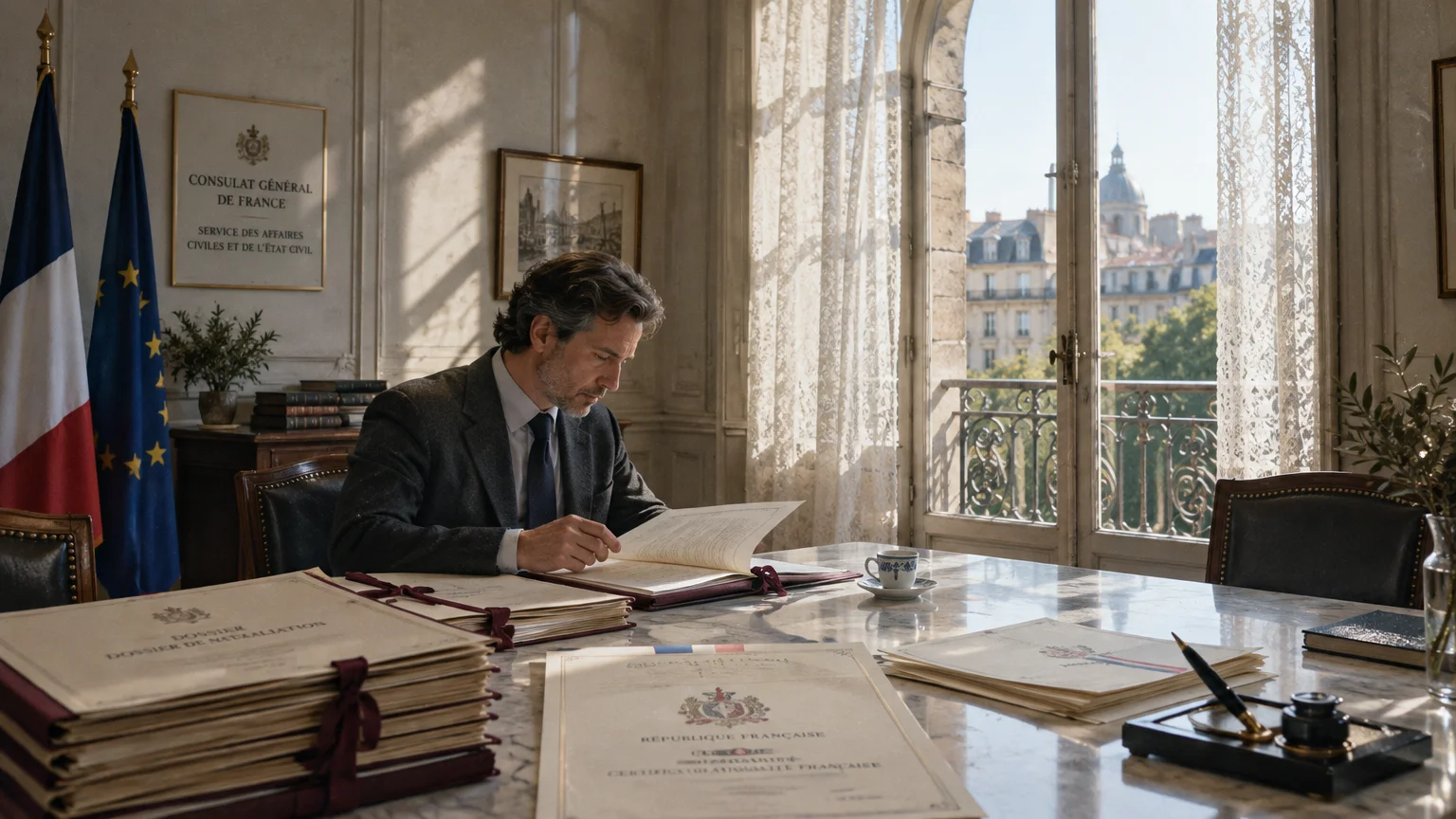 A man in a suit reads documents at a marble desk in a French consulate office beside European and French flags.