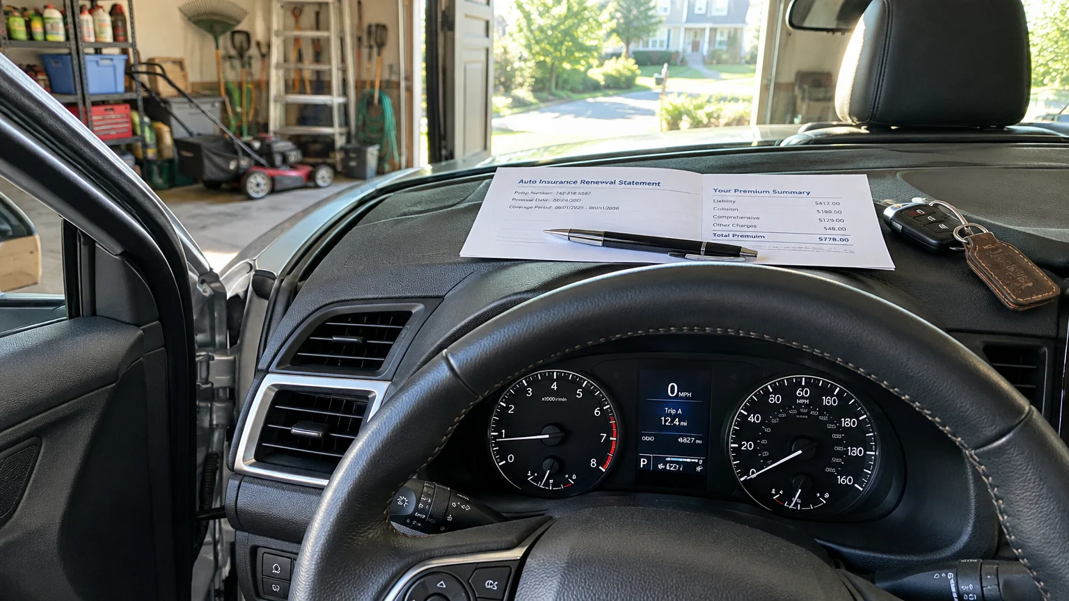 Auto insurance renewal statement and pen resting on a car dashboard inside an open residential garage.