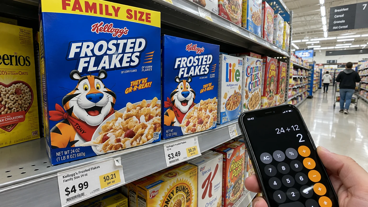 Hand holding a phone calculator in front of grocery shelves displaying cereal boxes and shelf tags with unit prices.