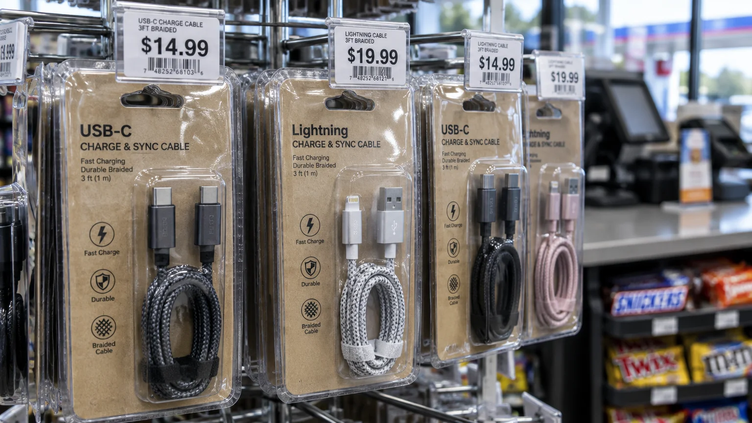 Packaged USB-C and Lightning cables hanging on a store rack with price tags reading $14.99 and $19.99.