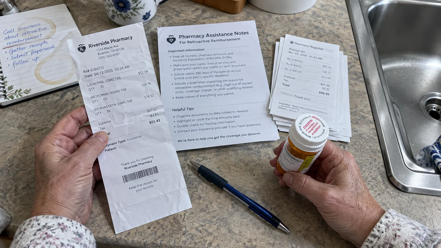 Hands holding a pharmacy receipt and medication bottle beside paperwork for retroactive reimbursement on a countertop.