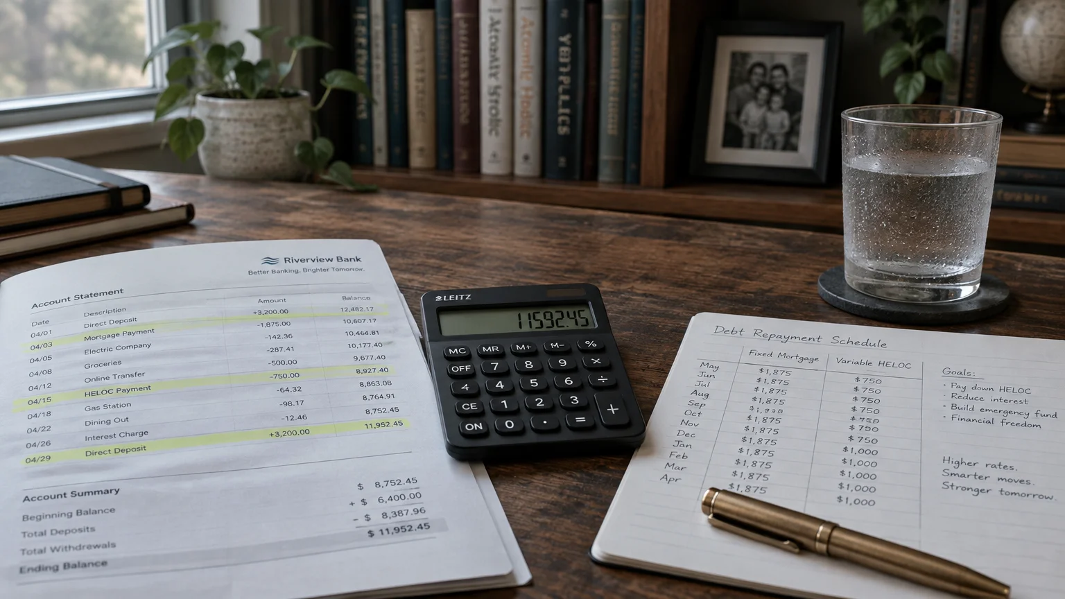 A bank statement, calculator, pen, and debt repayment schedule showing fixed mortgage and variable HELOC payments on a desk.