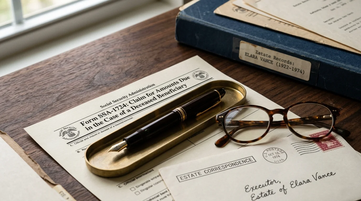 Form SSA-1724 on a wooden desk next to a fountain pen in a brass tray, eyeglasses, and estate correspondence envelopes.