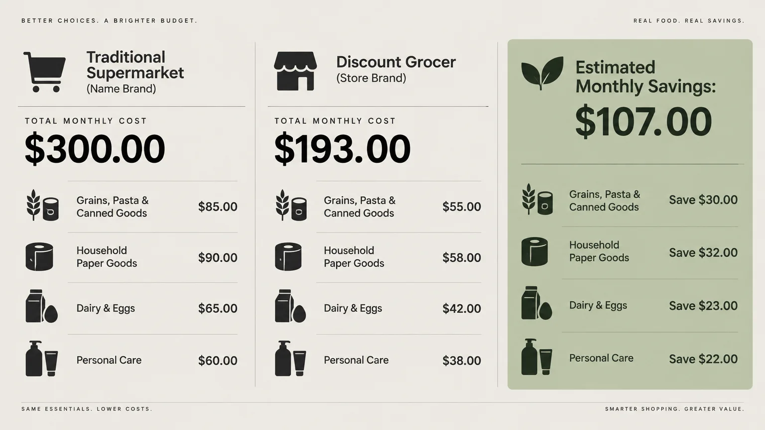 Price comparison infographic between traditional supermarket name brands and discount grocer store brands.